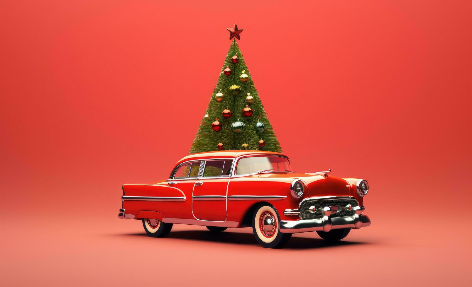 AI generated christmas tree on the top of a red car, photo