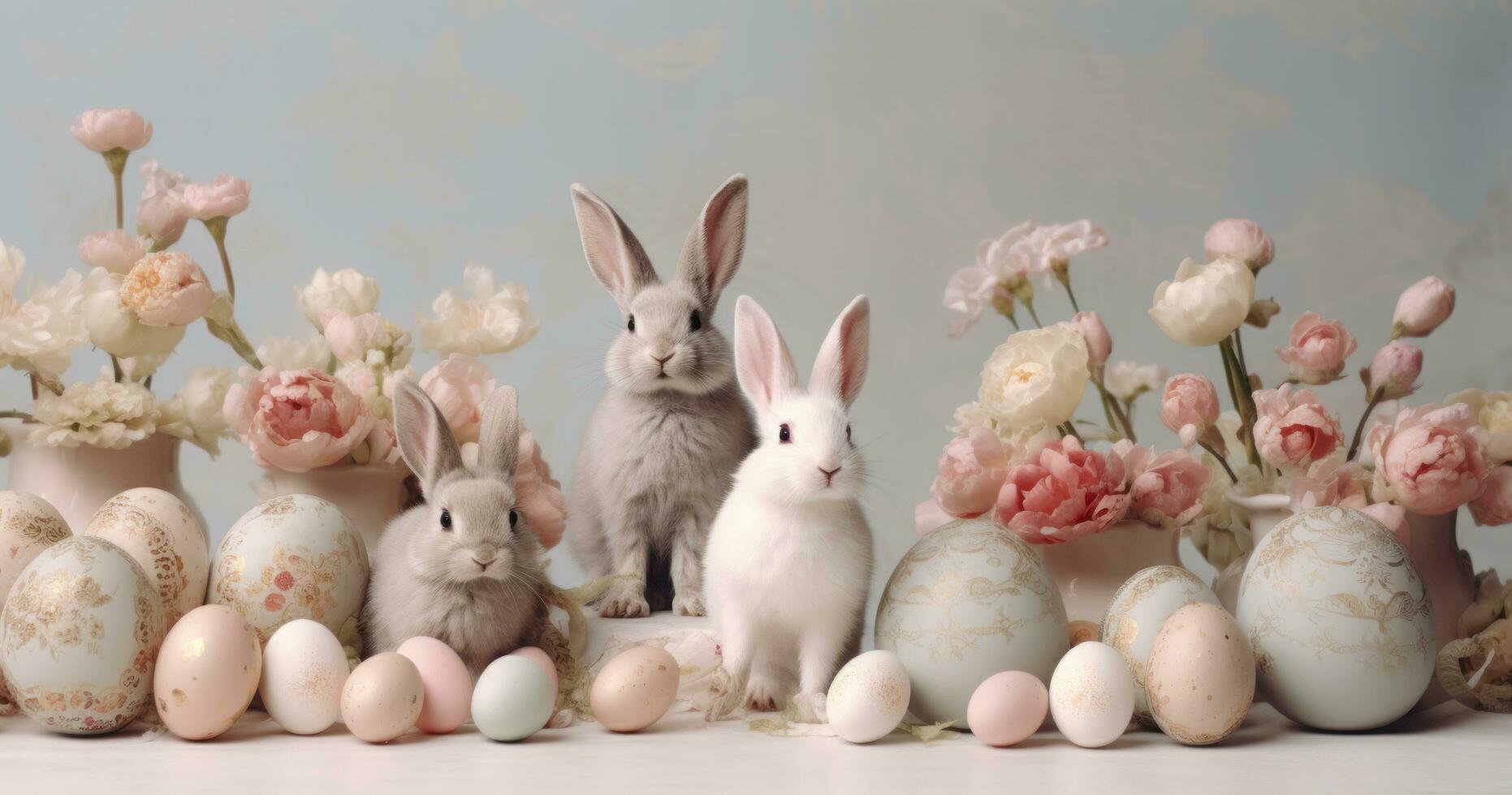ai generado algunos conejos en frente de Pascua de Resurrección huevos, foto