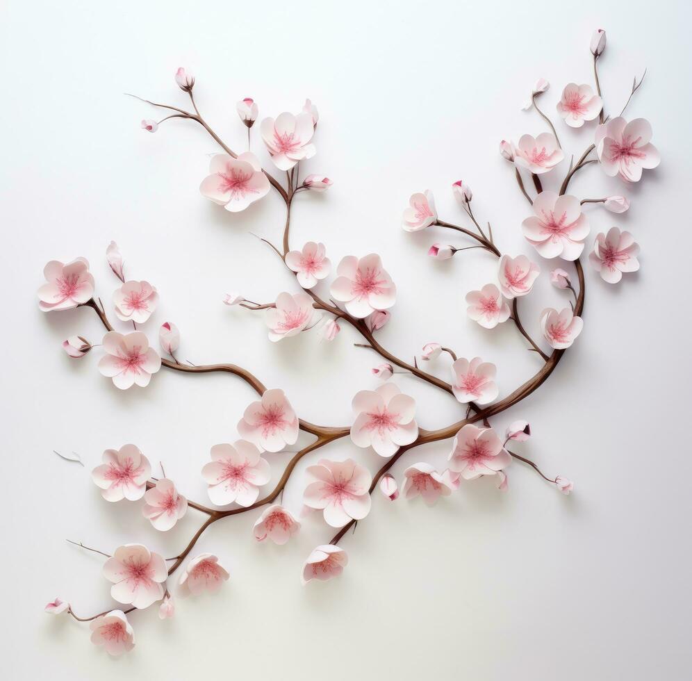 AI generated colorful pink blossoming cherry blossom branches shot against a white background, photo