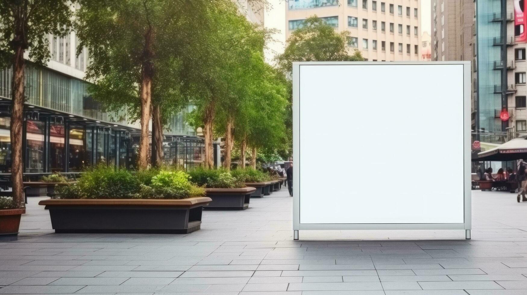 AI generated Outdoor advertising with blank front realistic on a mockup template in a spring street of big city photo