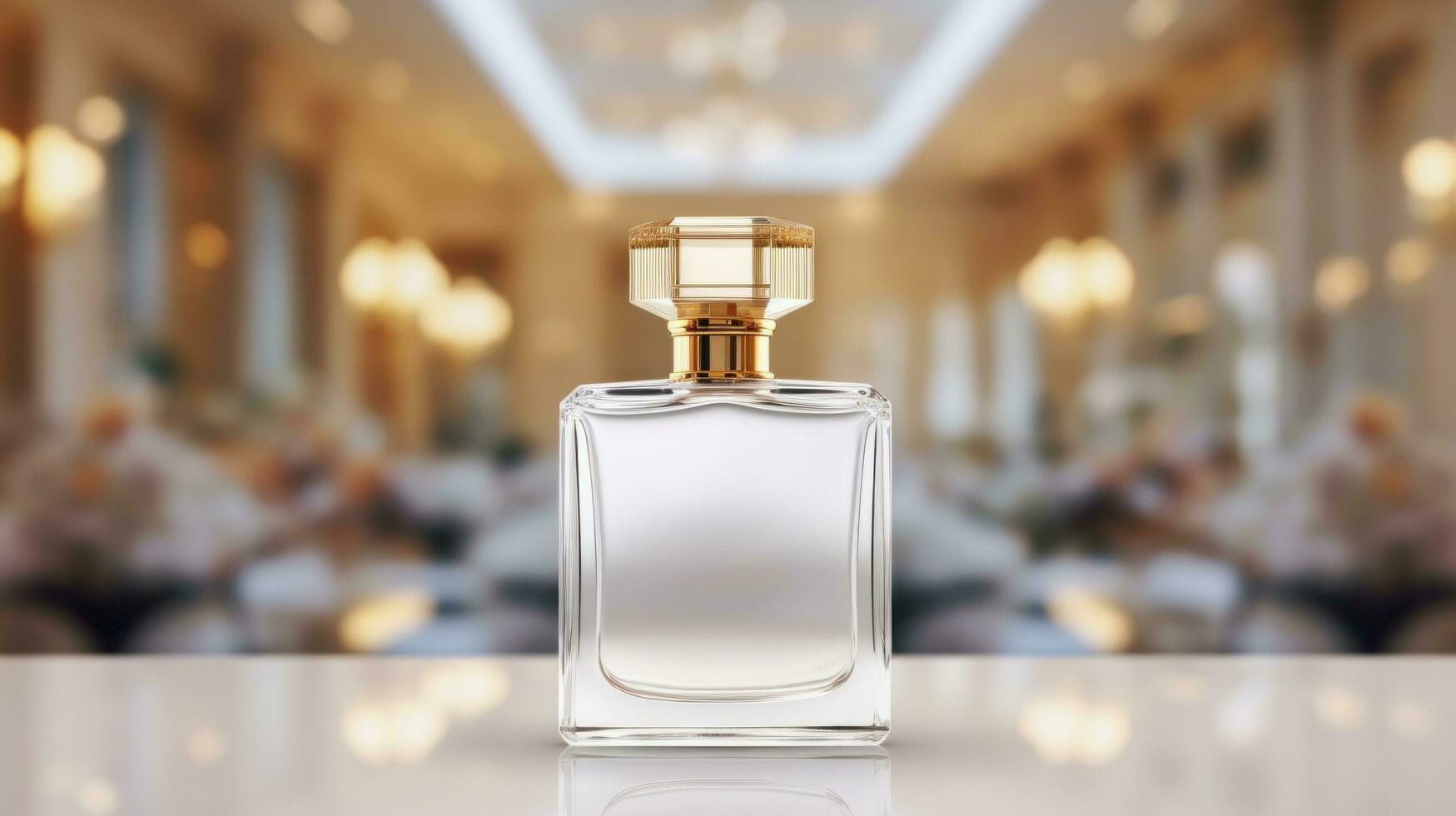 AI generated perfume bottle with blank front, realistic on a mockup template in a table in a luxury store photo