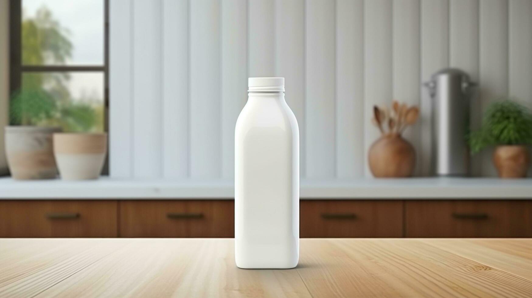 AI generated white milk bottle with blank front, realistic on a mockup template in a wooden table photo