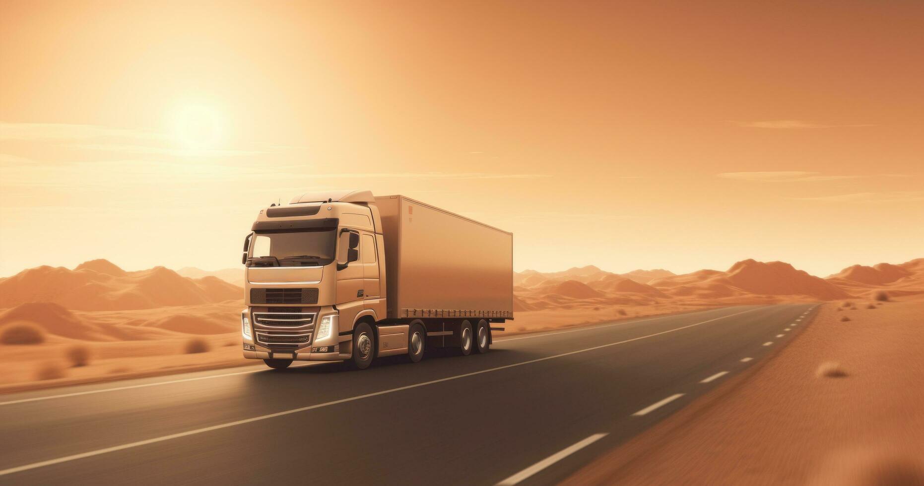 AI generated transport logistics truck in the sun, driving on road, photo