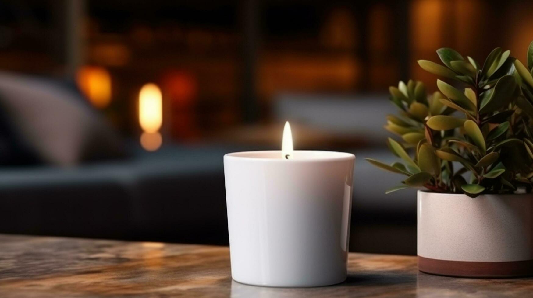 AI generated white candle with blank front, realistic on a mockup template in a coffee table in a luxury home photo