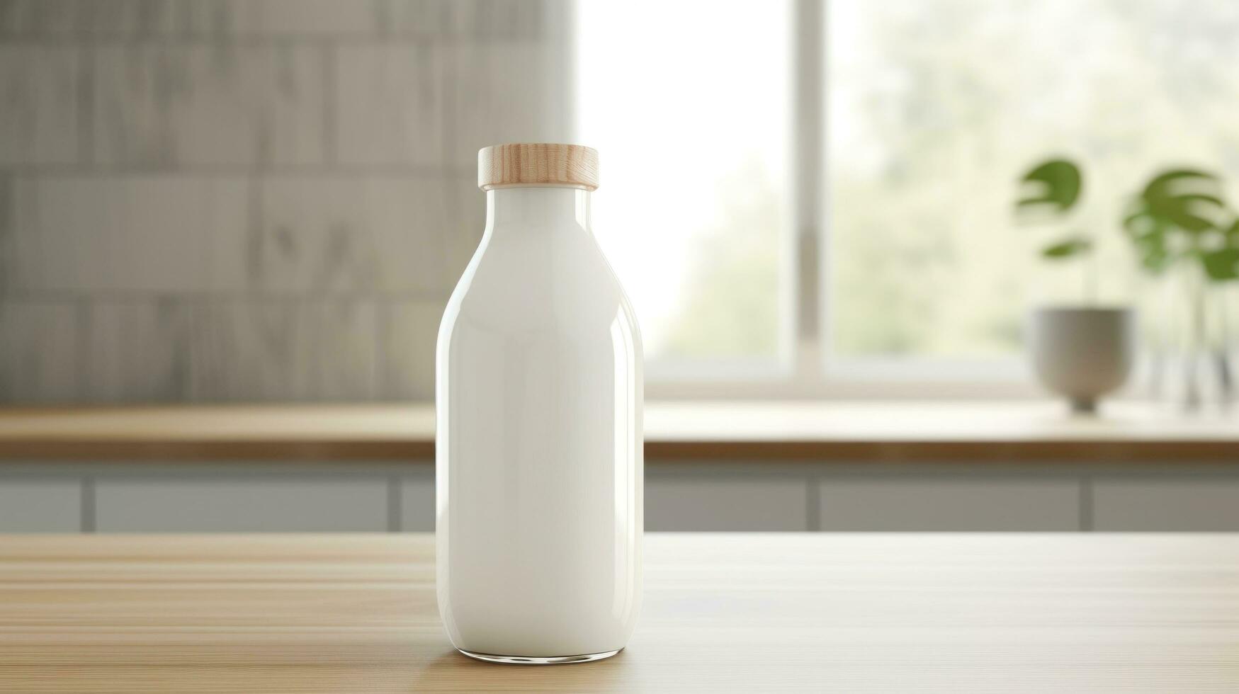 AI generated white milk bottle with blank front, realistic on a mockup template in a wooden table photo