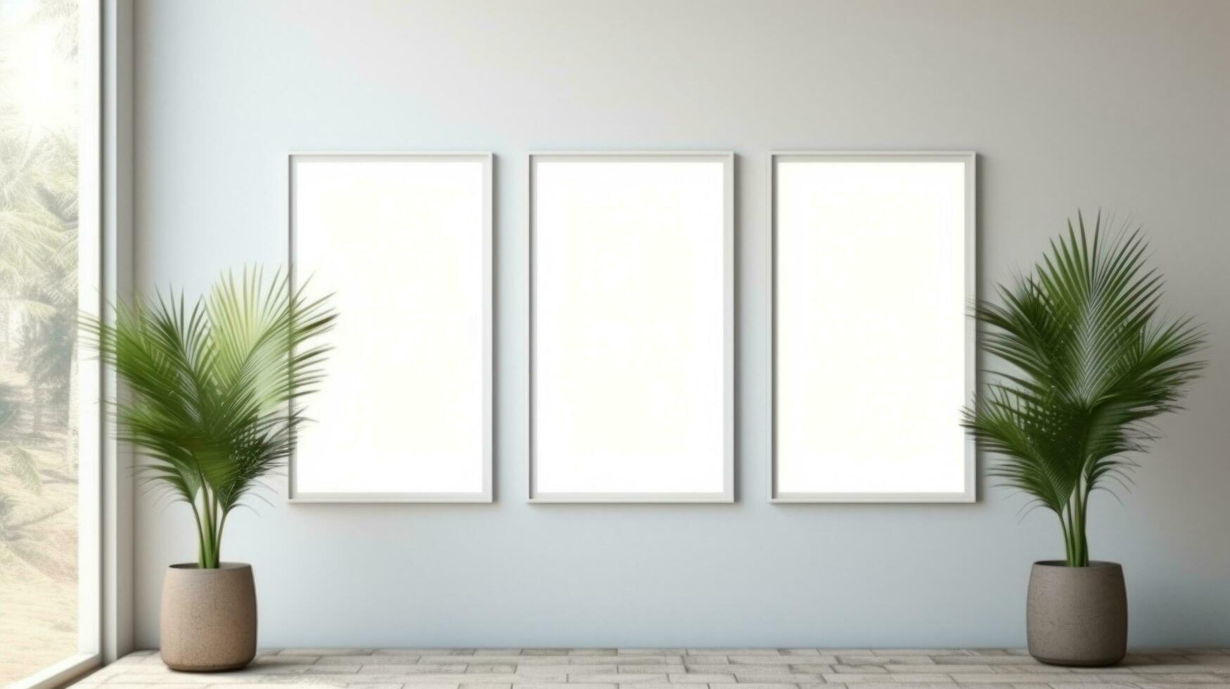 AI generated White frame with blank front, realistic on a mockup template in a white minimalist wall photo