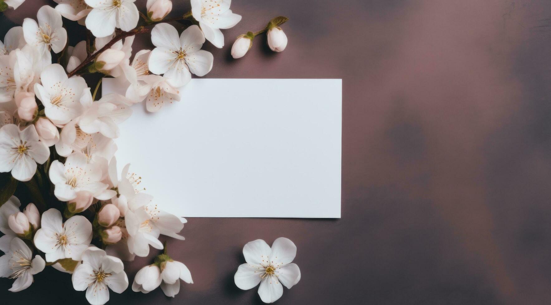 ai generado blanco flores con blanco tarjeta de nota cerca un gris fondo, foto