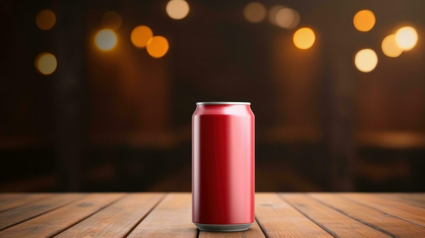 AI generated red beer can with blank front, realistic on a mockup template in a wooden table in a irish pub photo