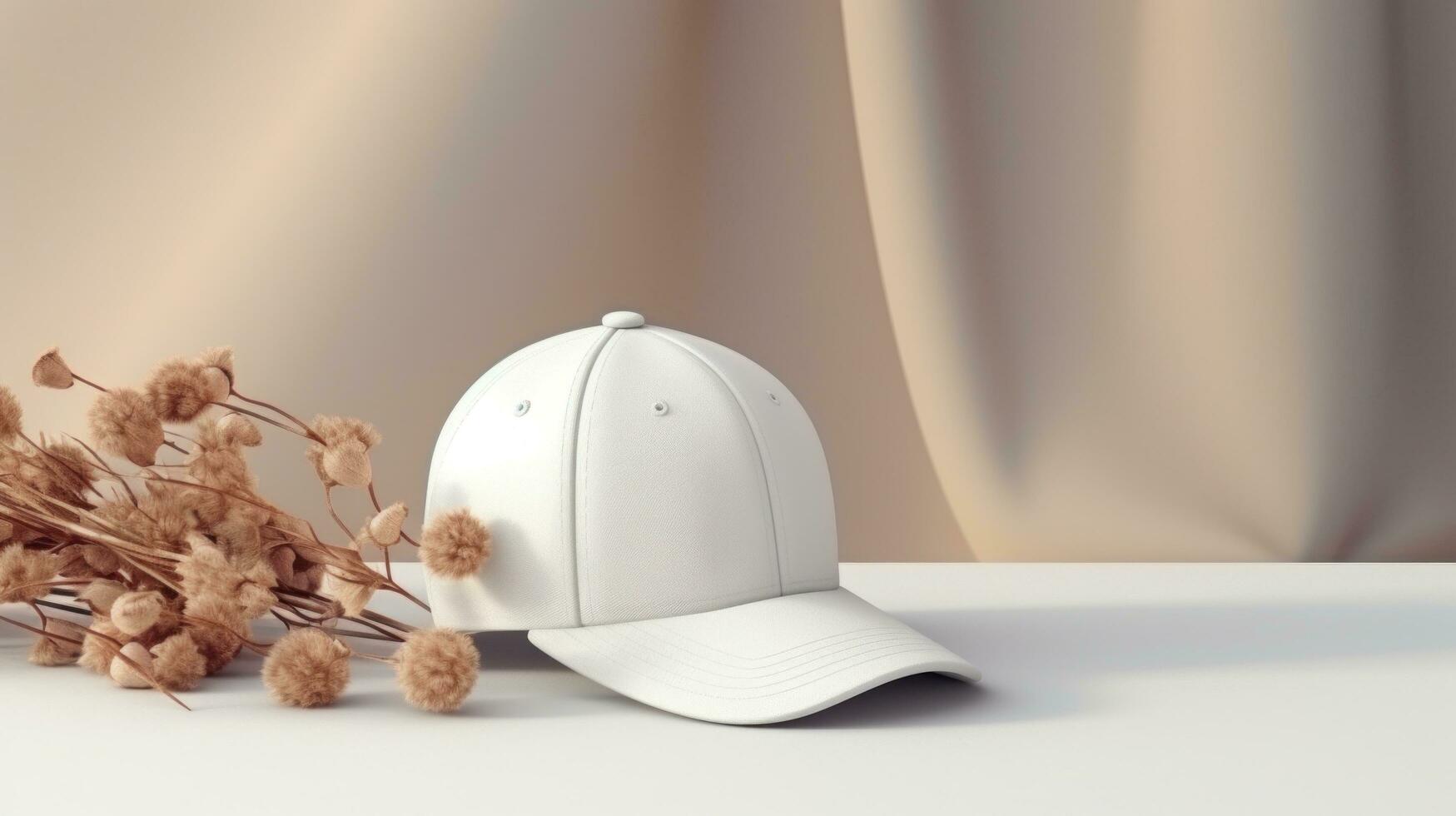 AI generated white Cap with blank front, realistic on a mockup template in a white table in a luxury home photo