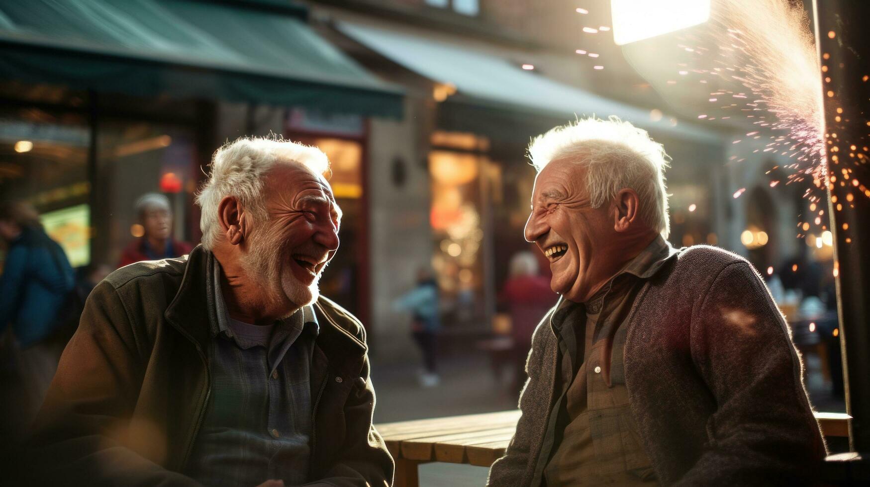 AI generated two elderly men laughing in an old city centre, photo