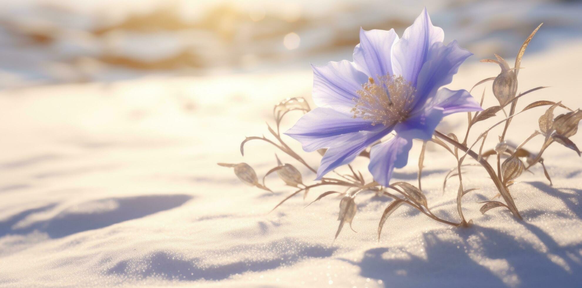 AI generated the sun beams down on snow and a purple flower, photo