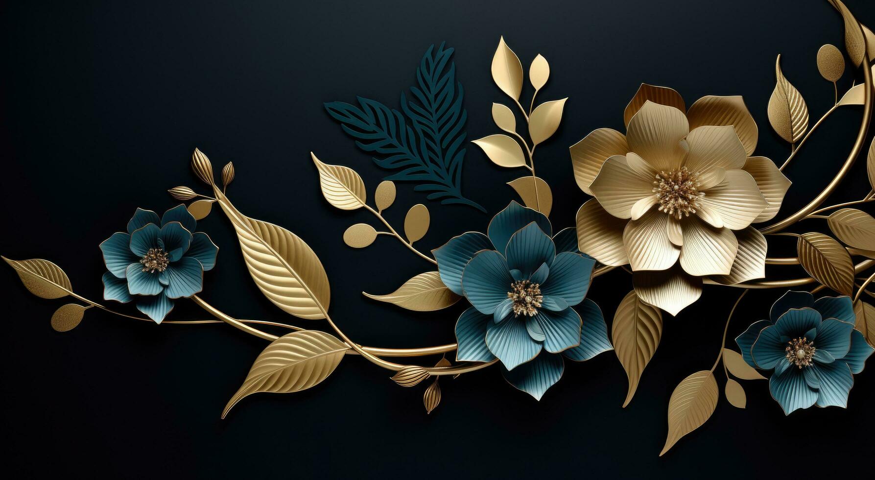 AI generated a black background with gold leaves and purple flowers photo