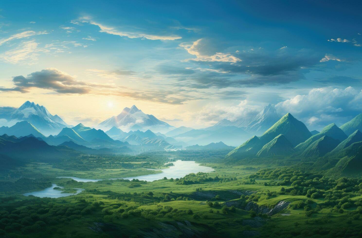 AI generated a beautiful view of mountains and sunlight at sunset photo