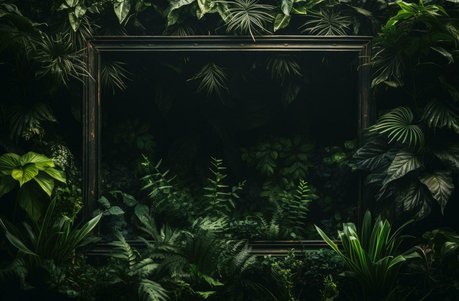 ai generado un negro marco rodeado por verde plantas foto