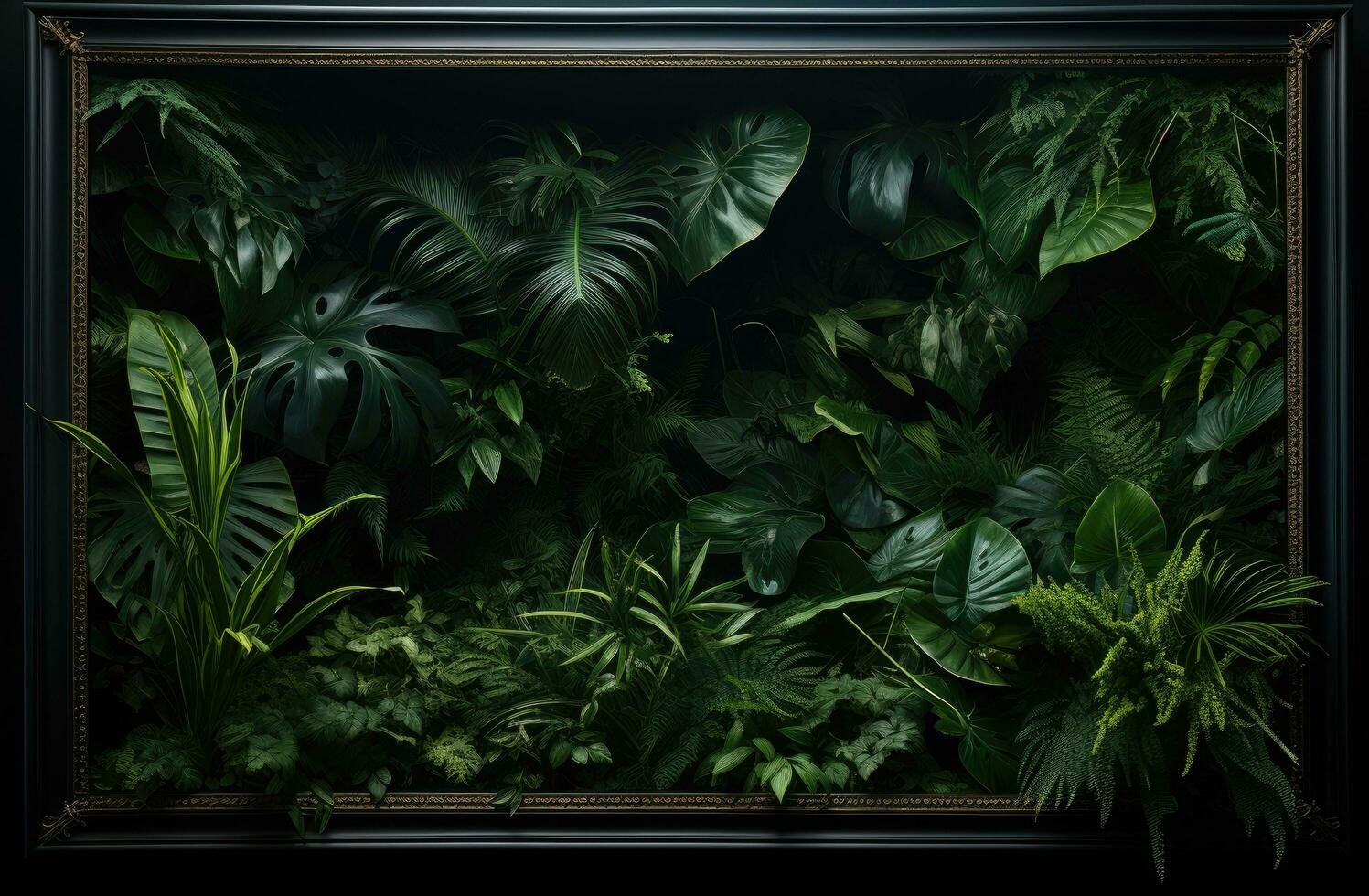 AI generated a black frame surrounded by green plants photo