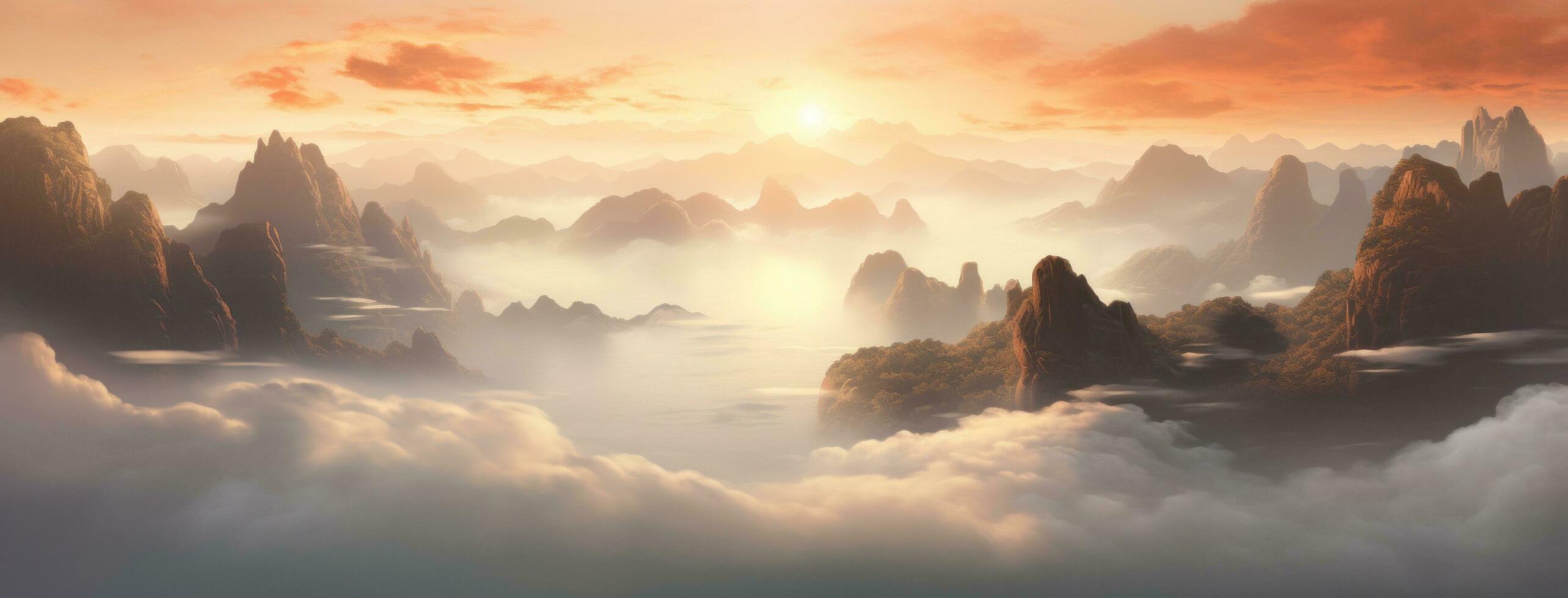 AI generated sunrise over the foggy mountains, photo