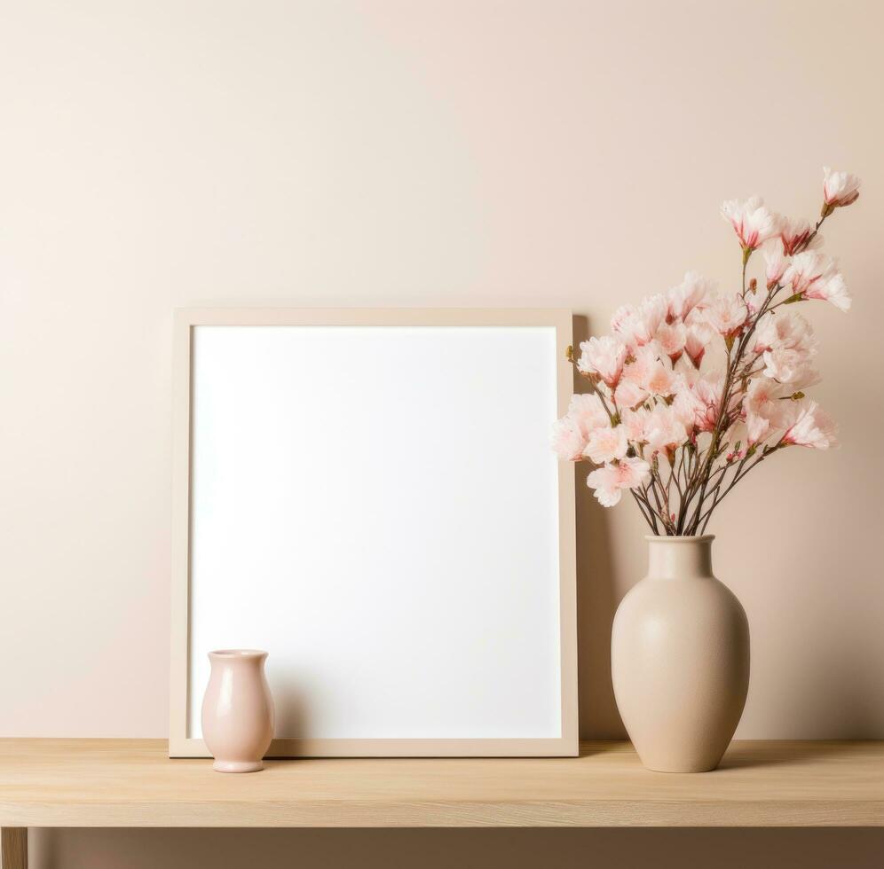 AI generated white vase with empty blank frame and two bouquets, photo