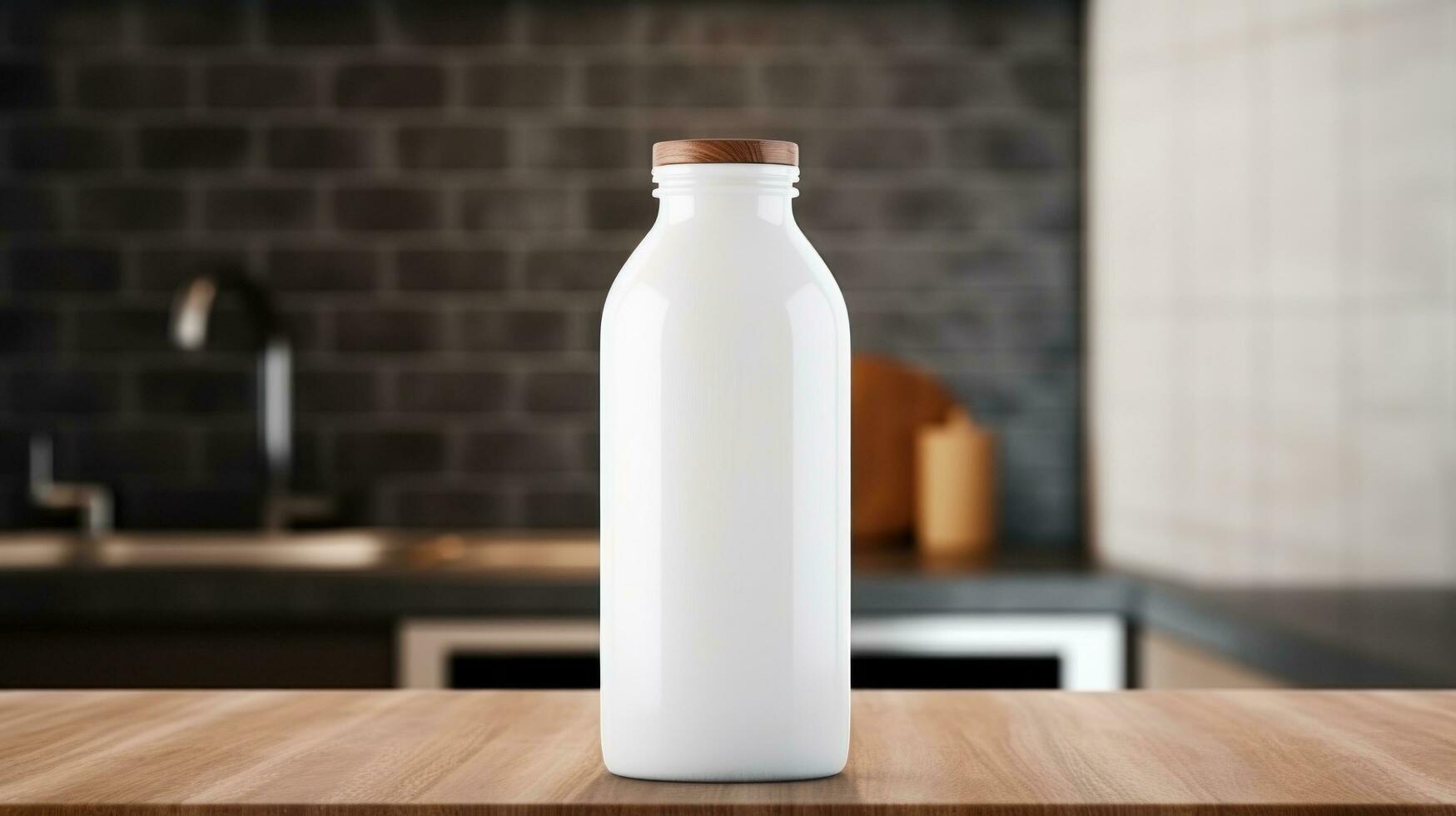 AI generated white milk bottle with blank front, realistic on a mockup template in a wooden table photo