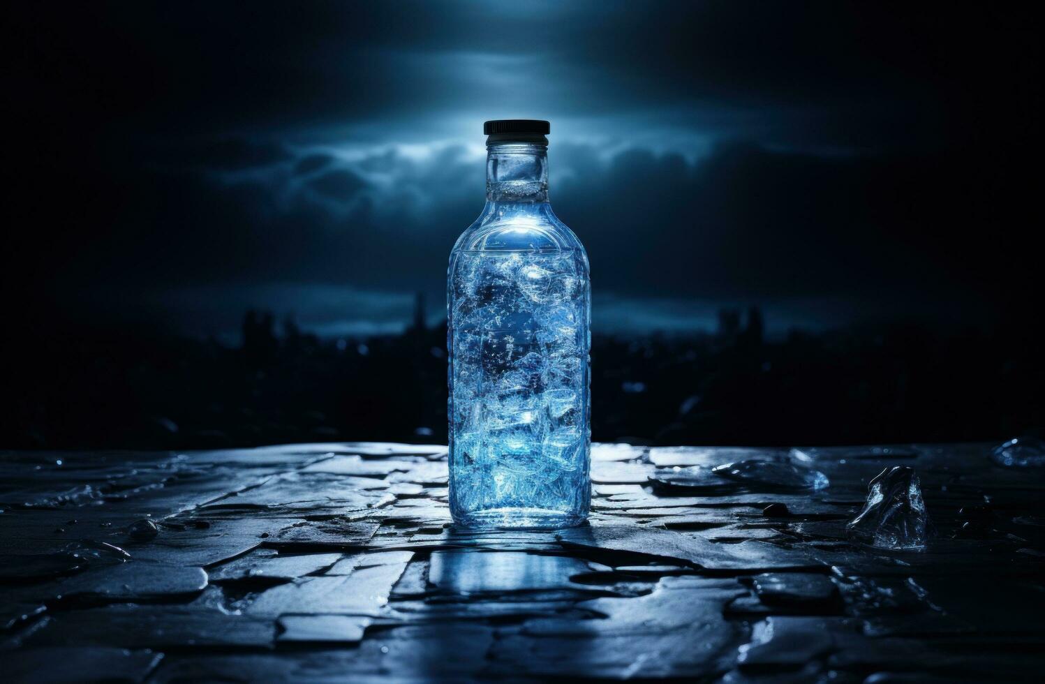 AI generated bottle of ice with rain sitting on a table photo