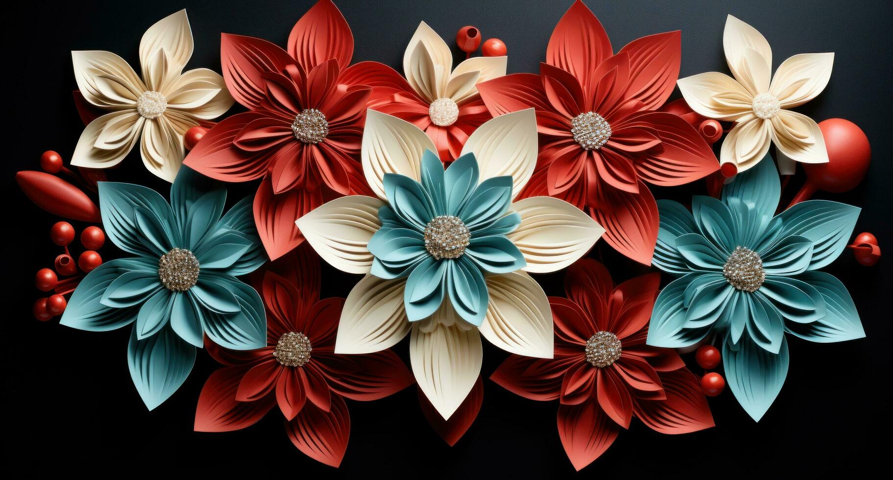 AI generated christmas poinsettias with white bow in the shape of a bow photo