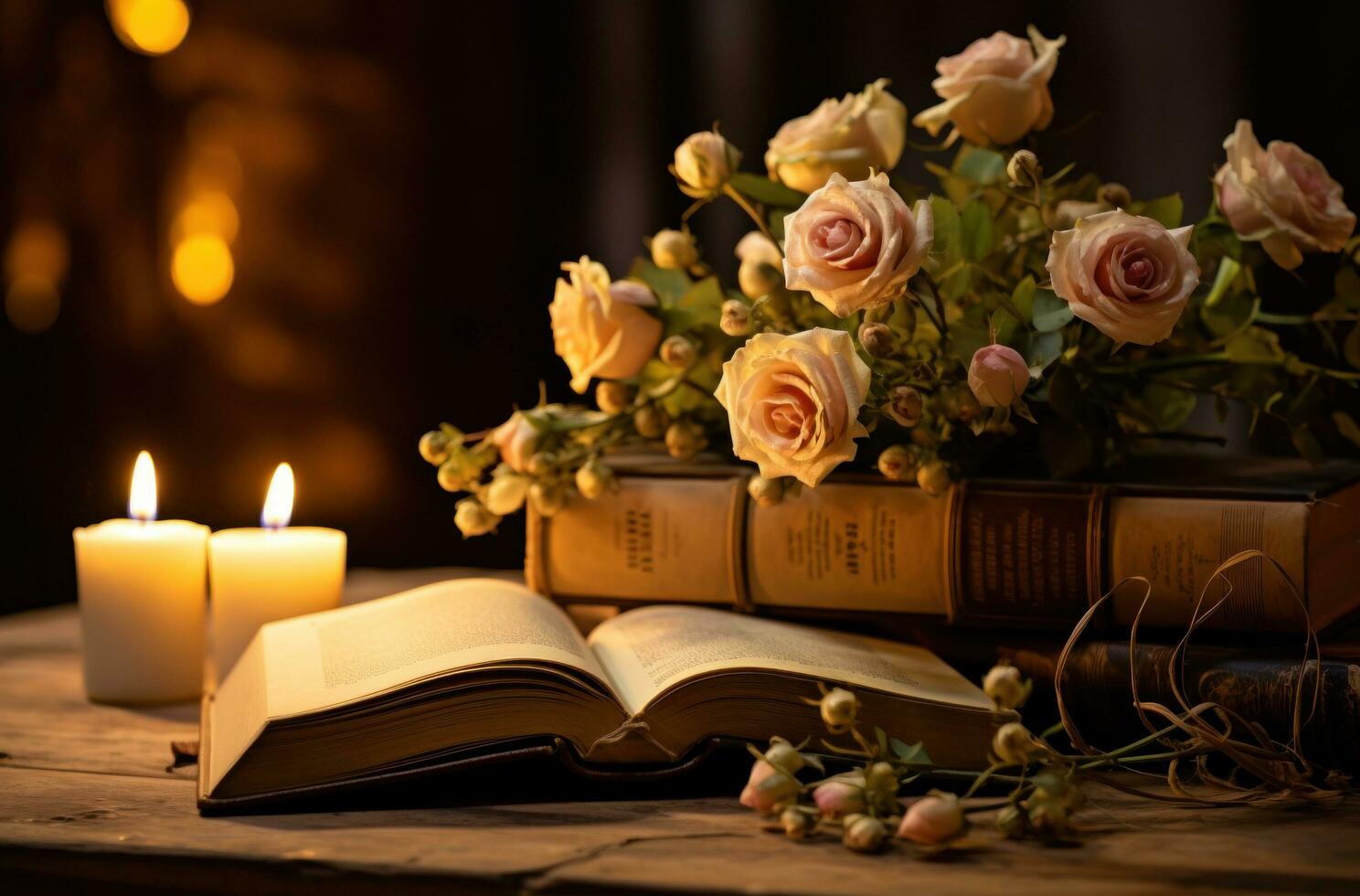 AI generated candles, flowers, books, and an open book photo