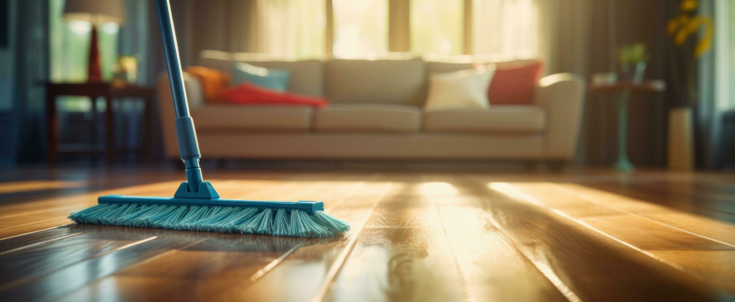 AI generated blue wipers in front of broom on hardwood floor in living room photo