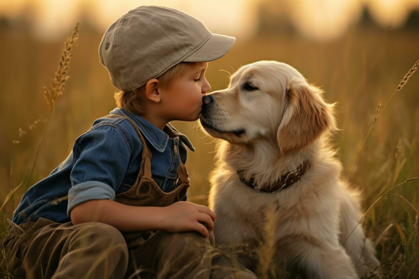 AI generated young boy kisses golden retriever sitting in the grass, photo