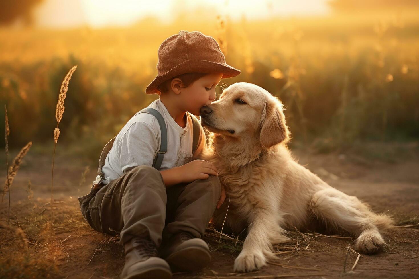 AI generated young boy kisses golden retriever sitting in the grass, photo