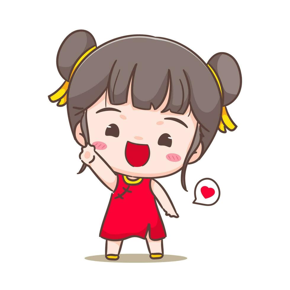 linda niña celebrar chino nuevo año dibujos animados vector ilustración. chino año concepto diseño. adorable chibi mano dibujado. aislado blanco antecedentes.
