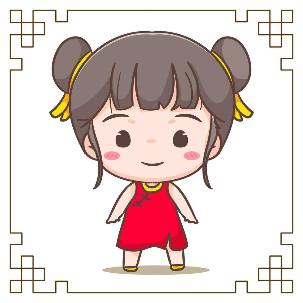 Cute girl celebrate Chinese new year cartoon vector illustration. Chinese year concept design. Adorable chibi hand drawn. Isolated white background.