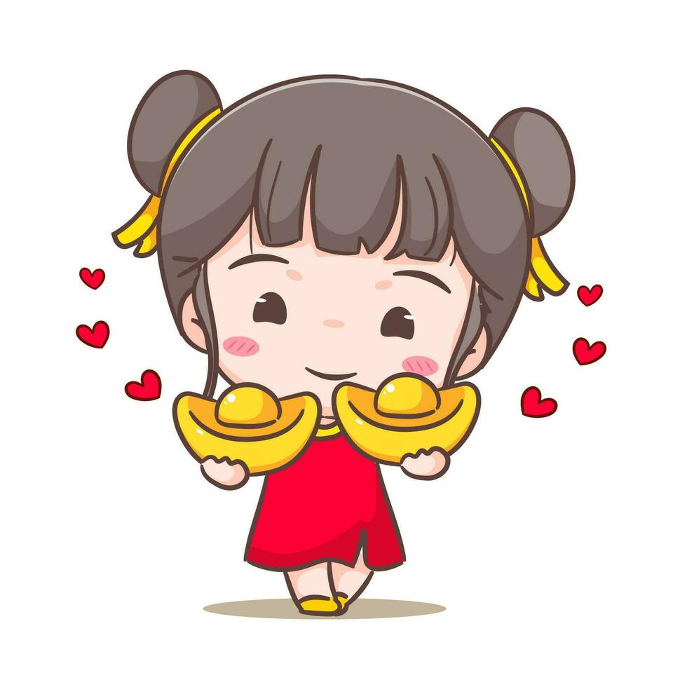 linda niña participación oro lingote celebrar chino nuevo año dibujos animados vector ilustración. chino año concepto diseño. adorable chibi mano dibujado. aislado blanco antecedentes.
