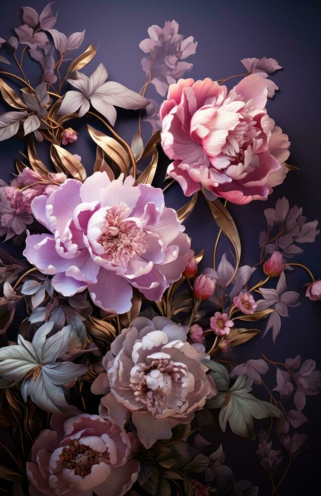 AI generated peonies in a dark setting with a colorful background photo