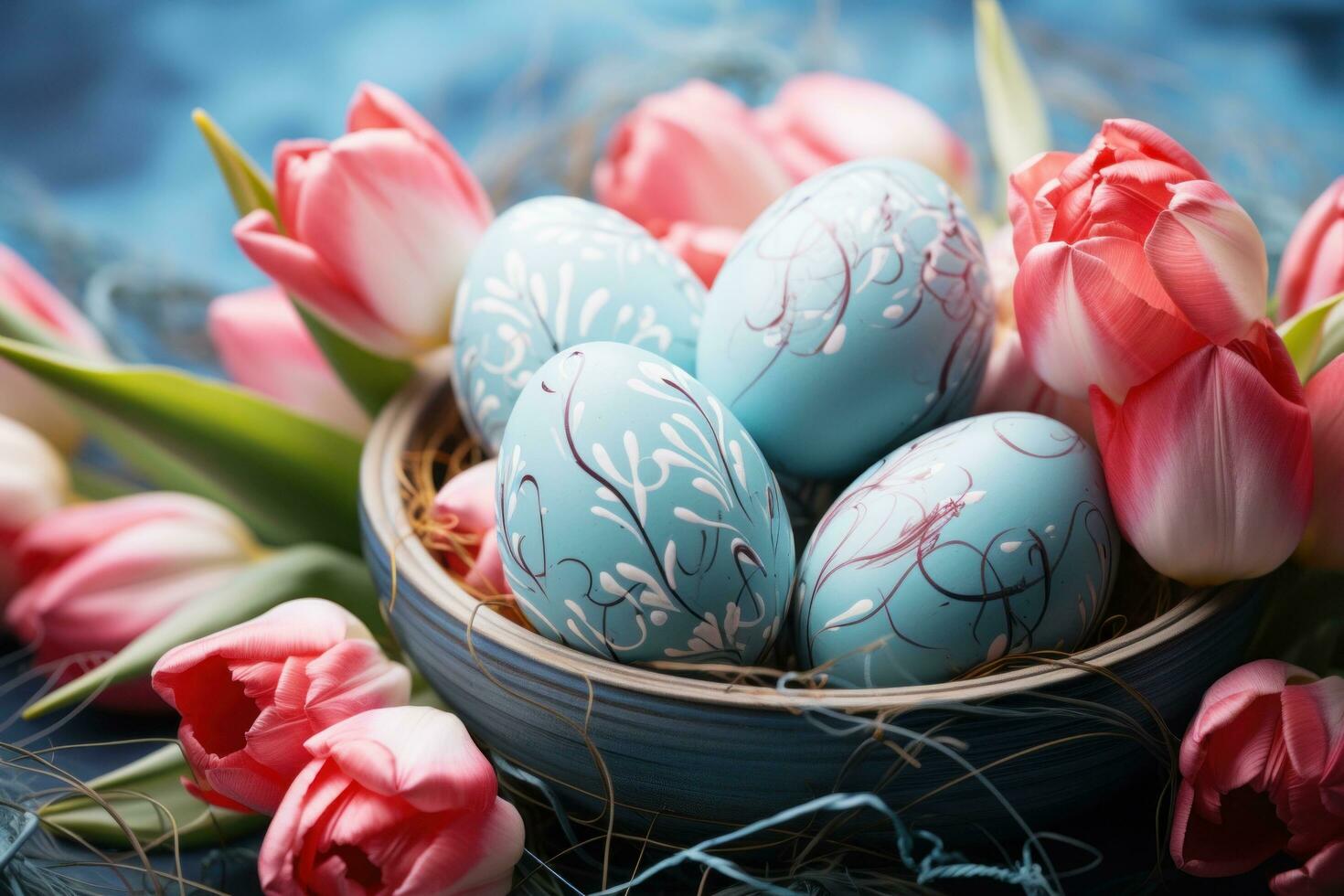 AI generated easter egg coloring with blue bokeh over wooden table and nest photo