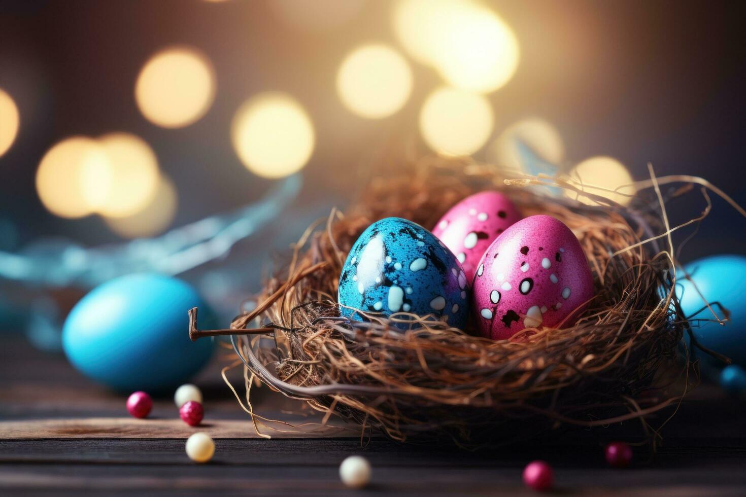 AI generated easter egg coloring with blue bokeh over wooden table and nest photo