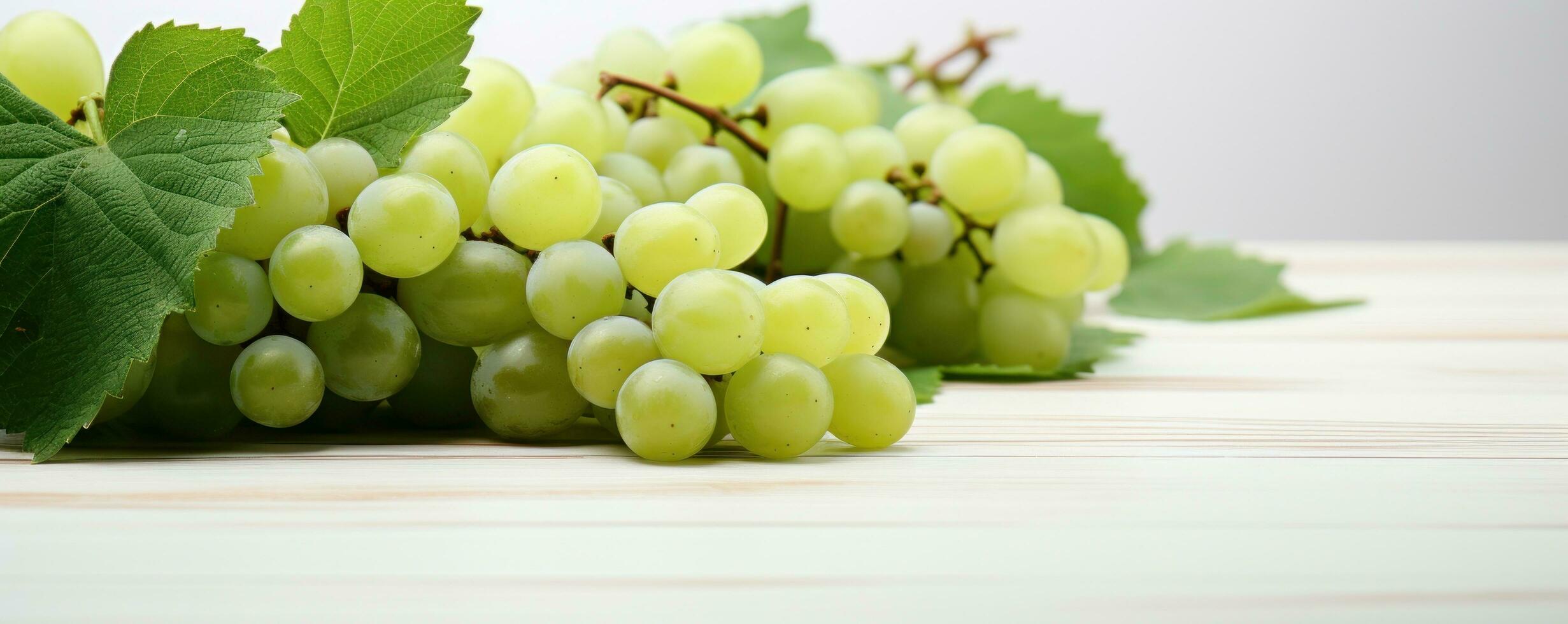 AI generated close up of green grapes with white wood background photo