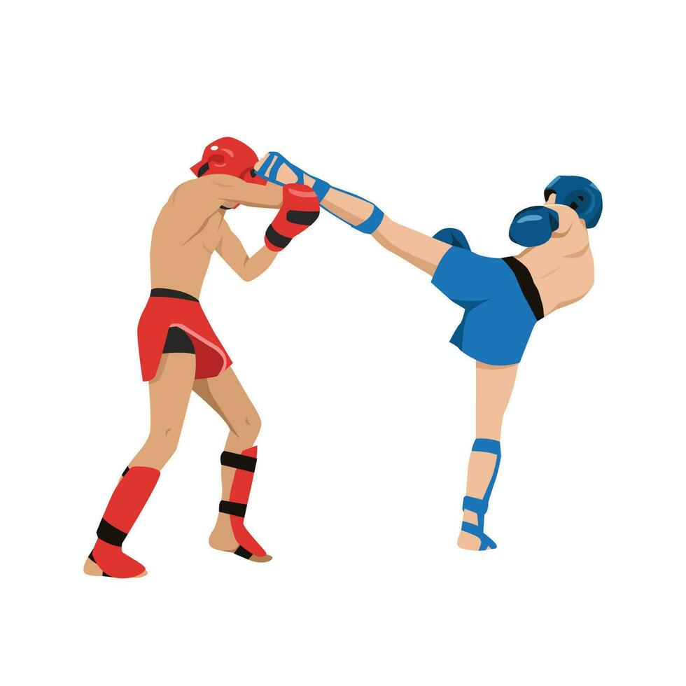 Kickboxing fight, martial art. Kick boxing fighters. Combat sport match. Boxers wrestling tournament. Men athletes in battle competition. vector