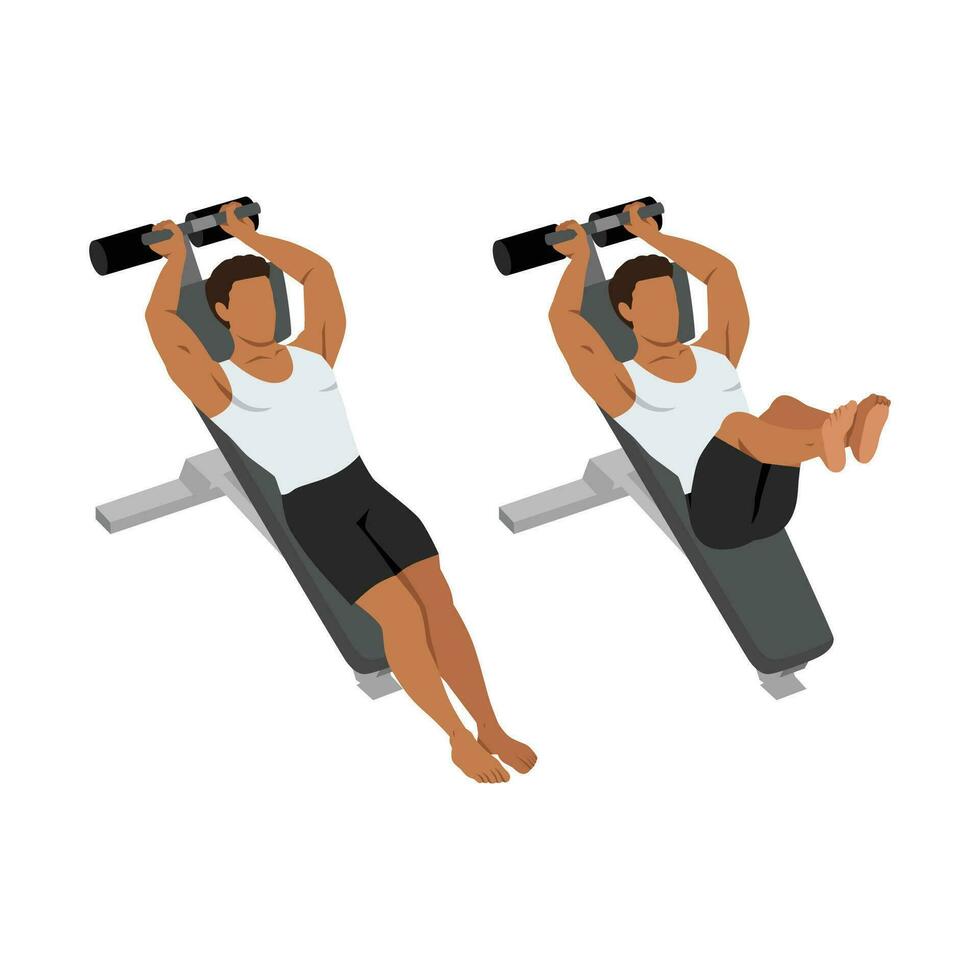 Man doing incline bench reverse crunch exercise. vector