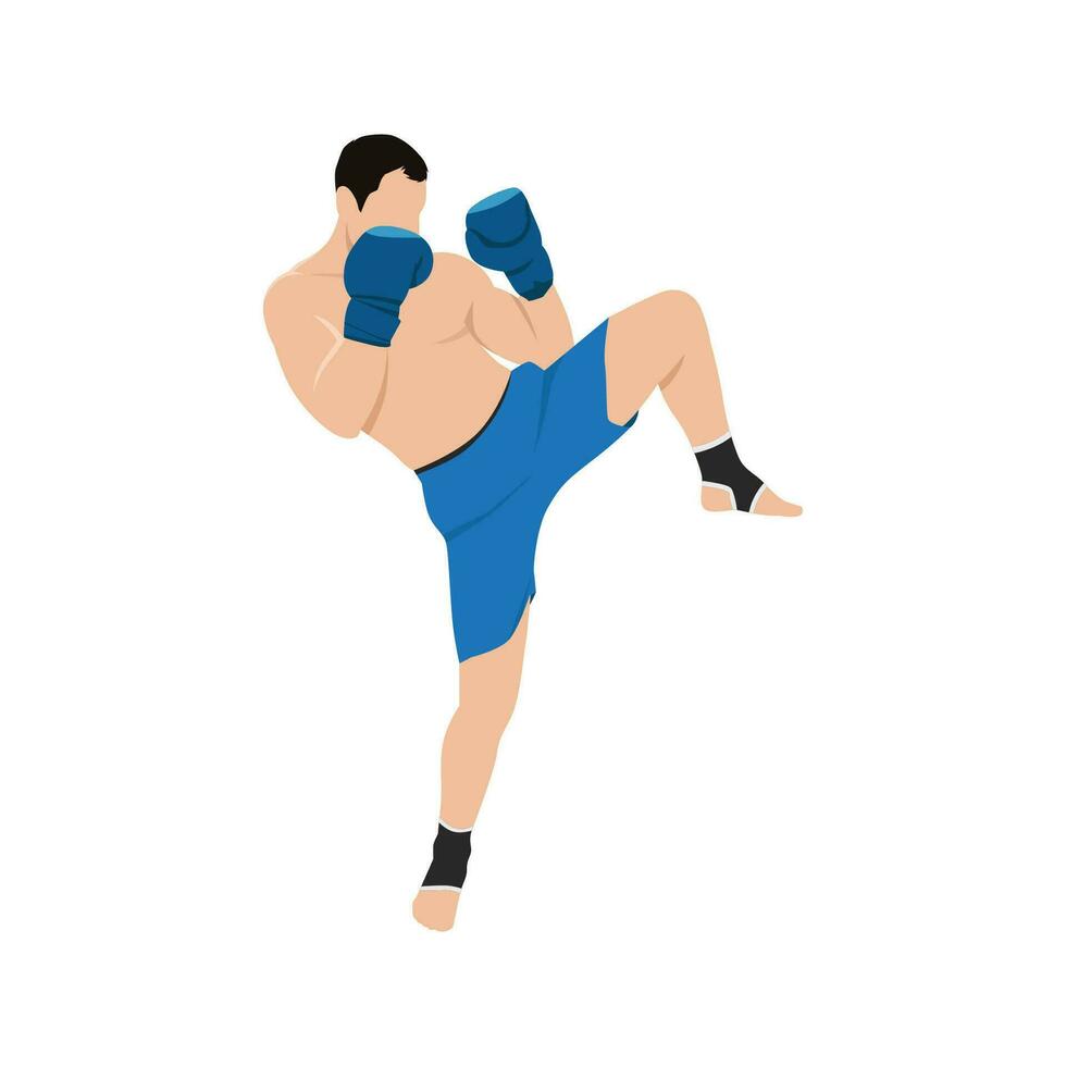 joven masculino patada Boxer. muscular hombre en ropa de deporte y boxeo guantes. vector