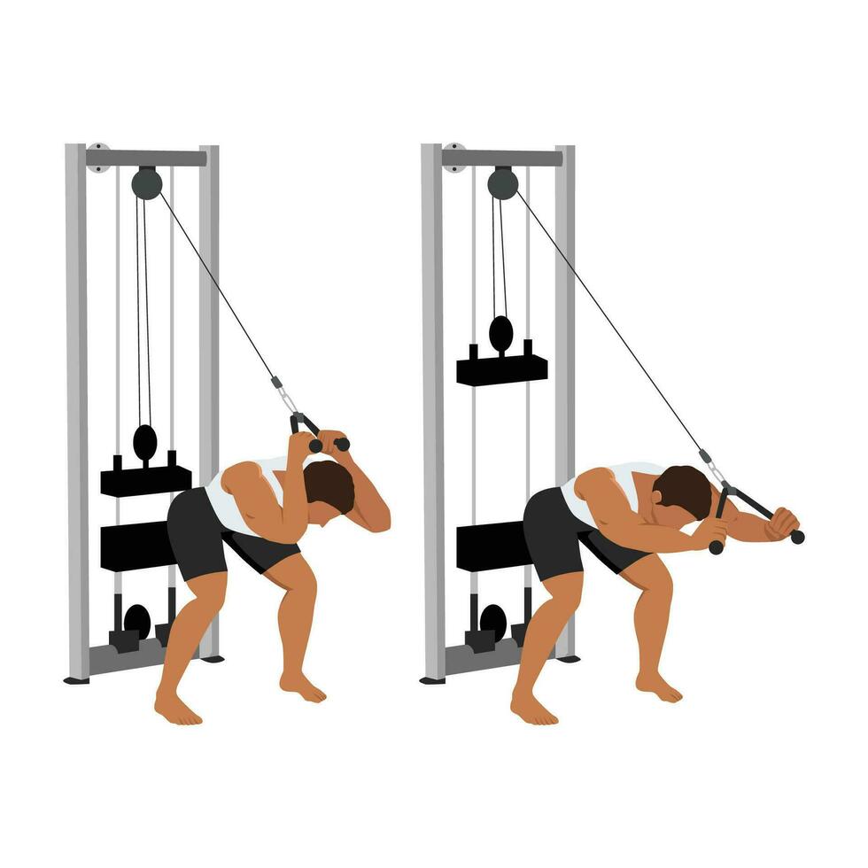 hombre haciendo doblado terminado cuerda triceps extensiones ejercicio. vector