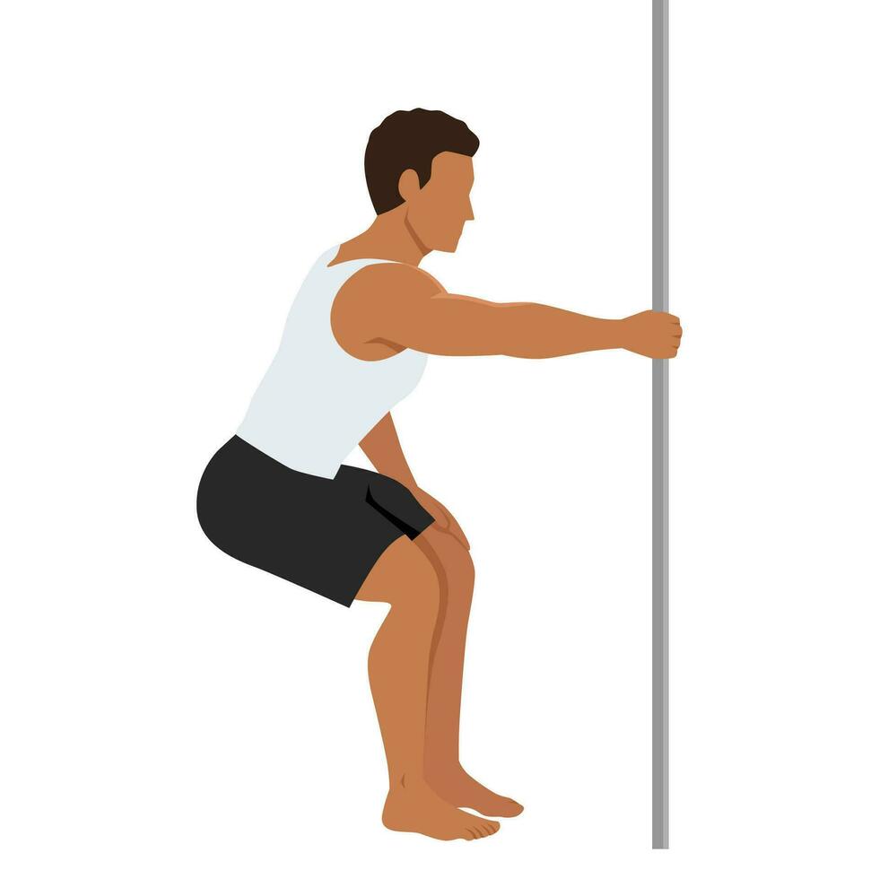 Man doing latissimus dorsi back stretch. Man holding bar static stretch. vector