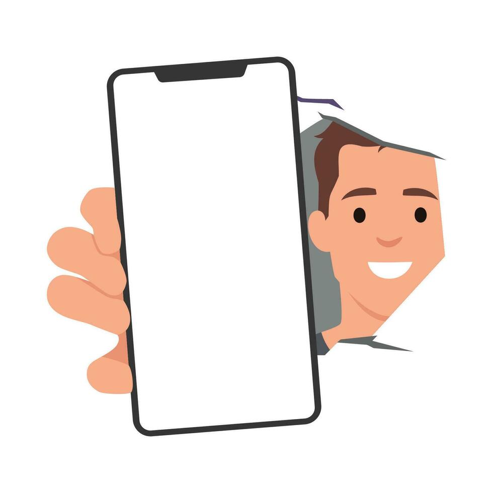 joven sonriente hombre dibujos animados personaje demostración blanco móvil, célula teléfono detrás el pared. vector