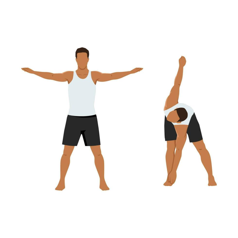 Man doing bent over twists or cross body toe touches exercise. vector