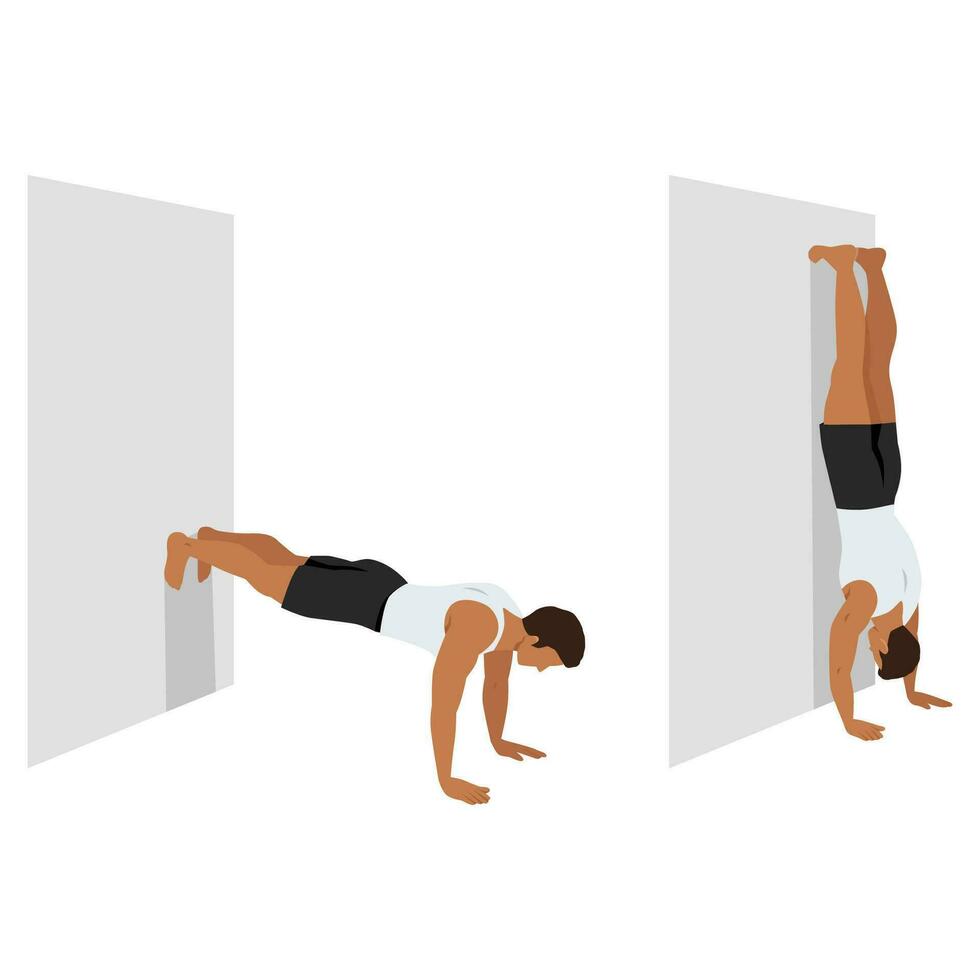 Man doing handstand on the wall exercise. vector
