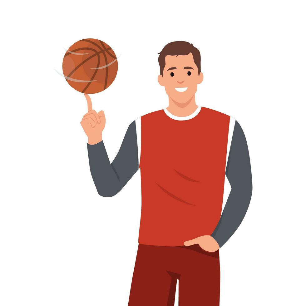 Professional basketball player spinning ball on his finger with hand inside pocket. vector