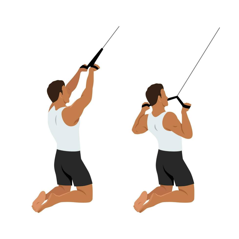 Man doing kneeling high pulley row. vector