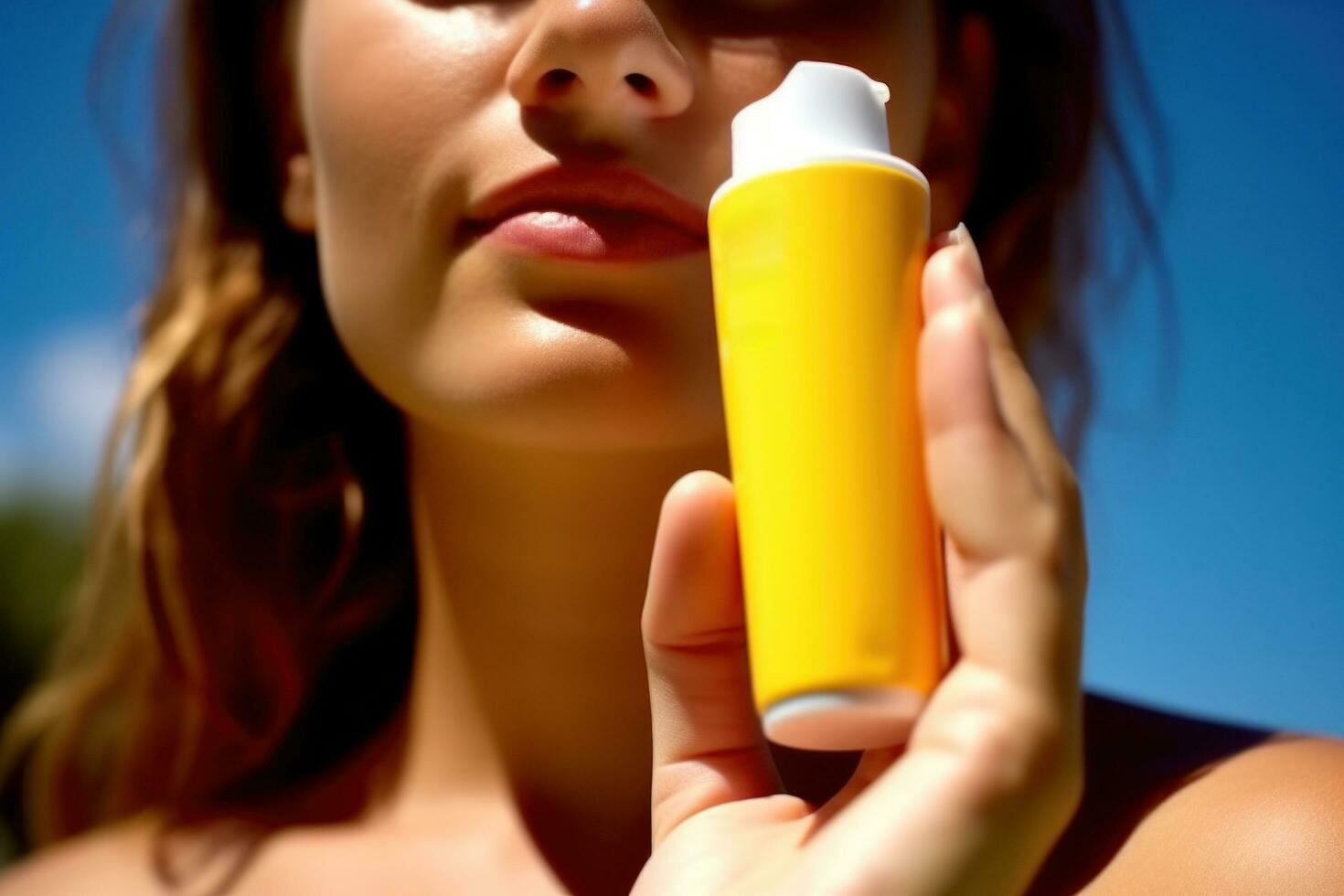 AI generated female with one hand holding a sunscreen bottle holding onto some sunscreen face photo