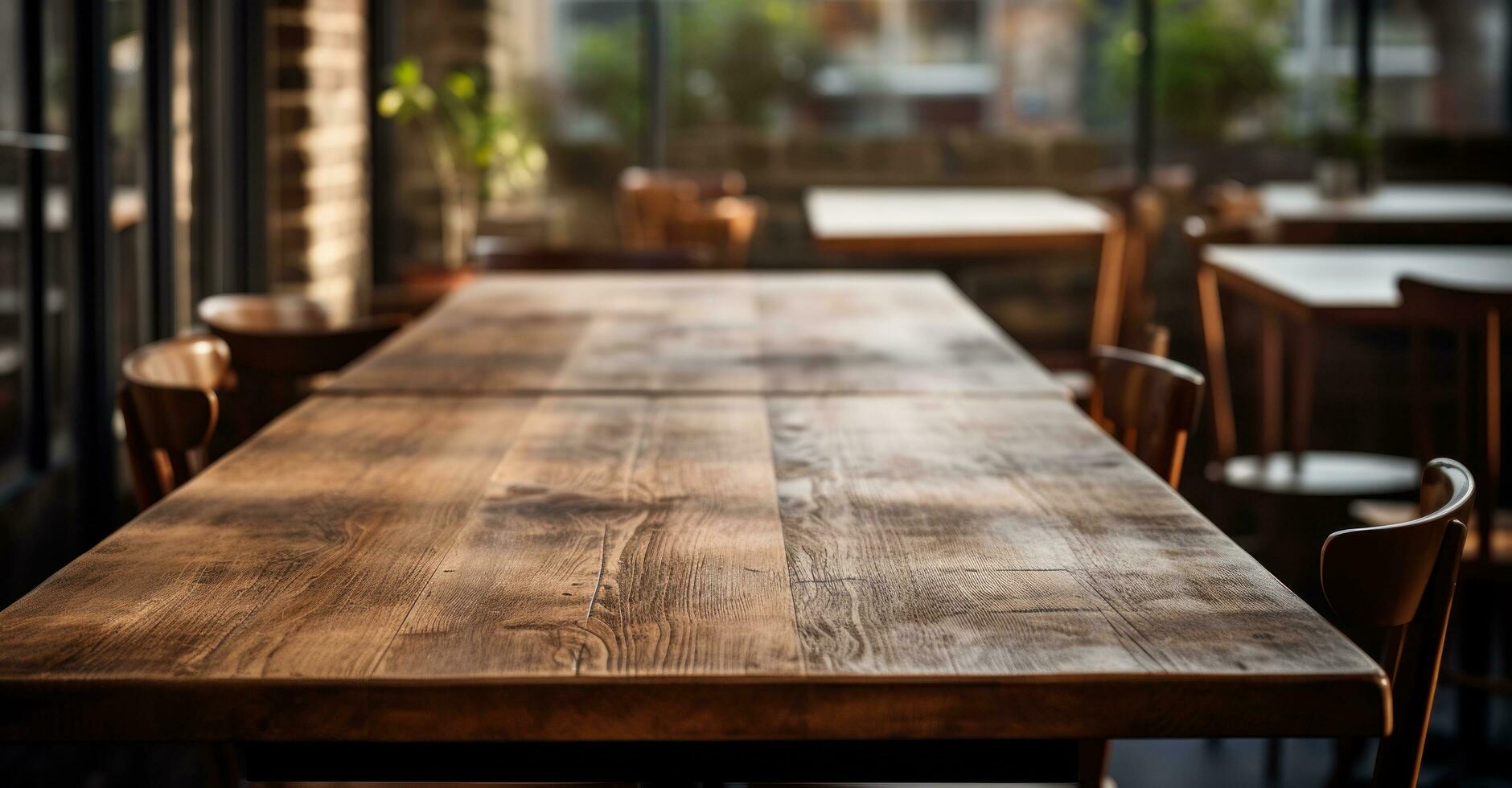 AI generated empty wooden tables in restaurant, close up shot photo