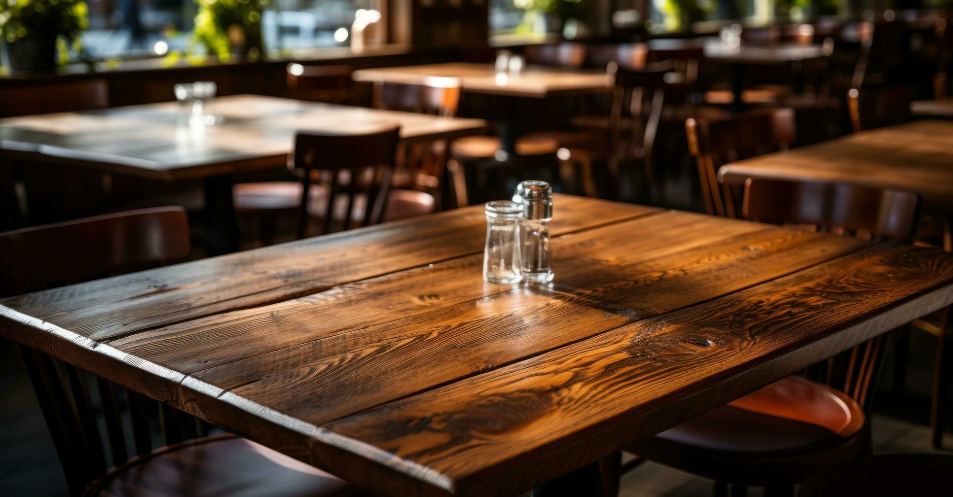 AI generated empty wooden tables at a restaurant photo