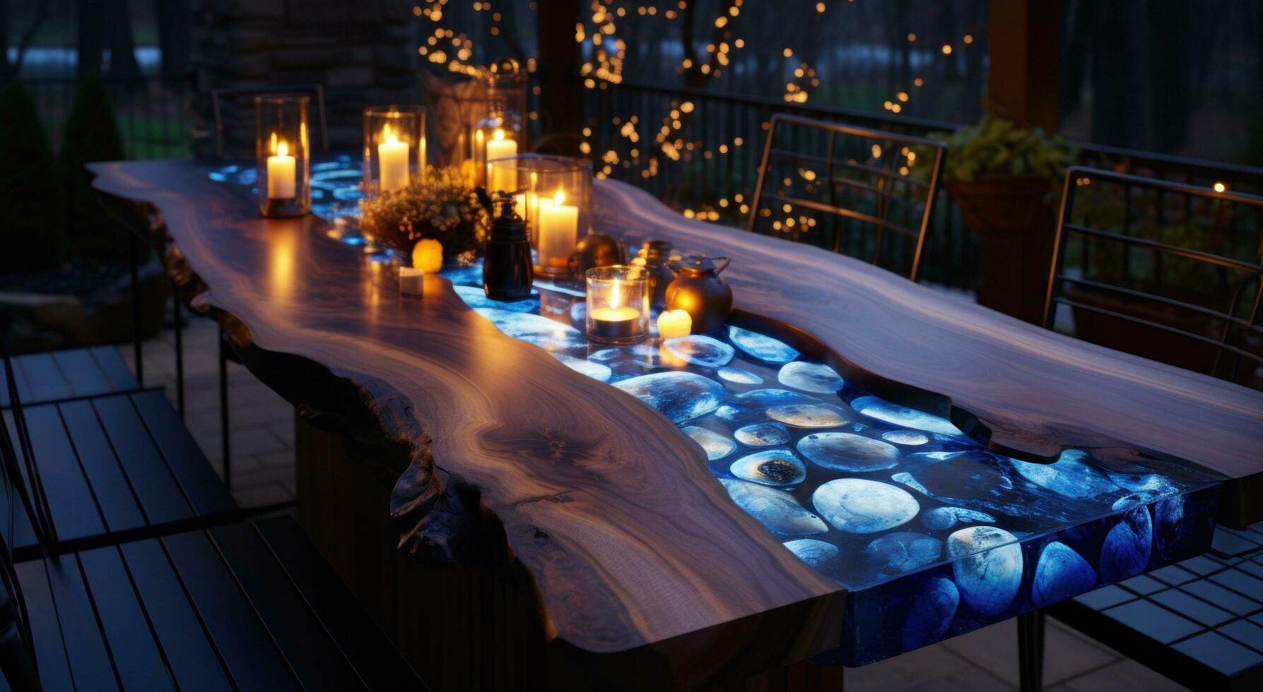AI generated photo of outdoor table with lights on blur in the night