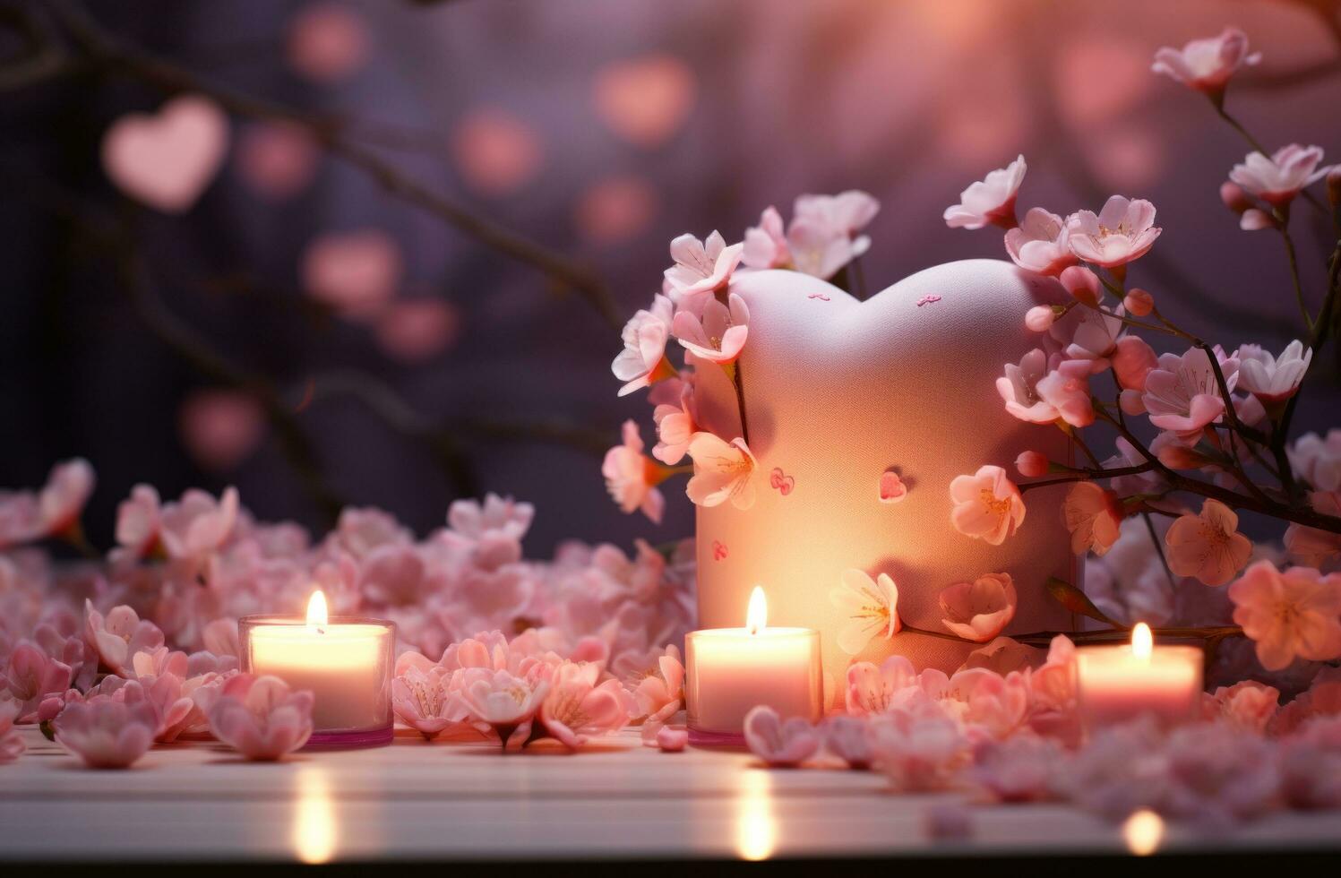 AI generated pink heart shaped candle in front of pink flowers, photo